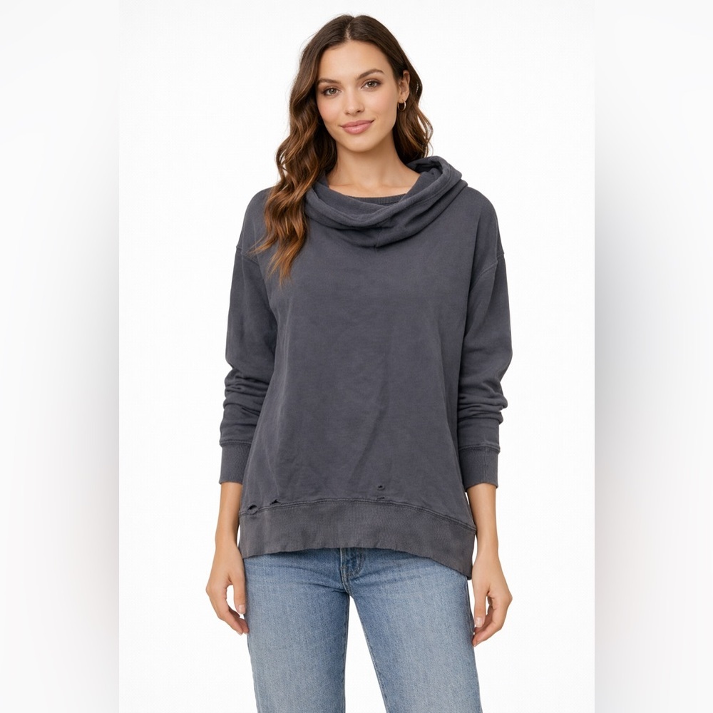 Anthropologie Pilcro Distressed Mock Neck Crewneck Sweatshirt Gray